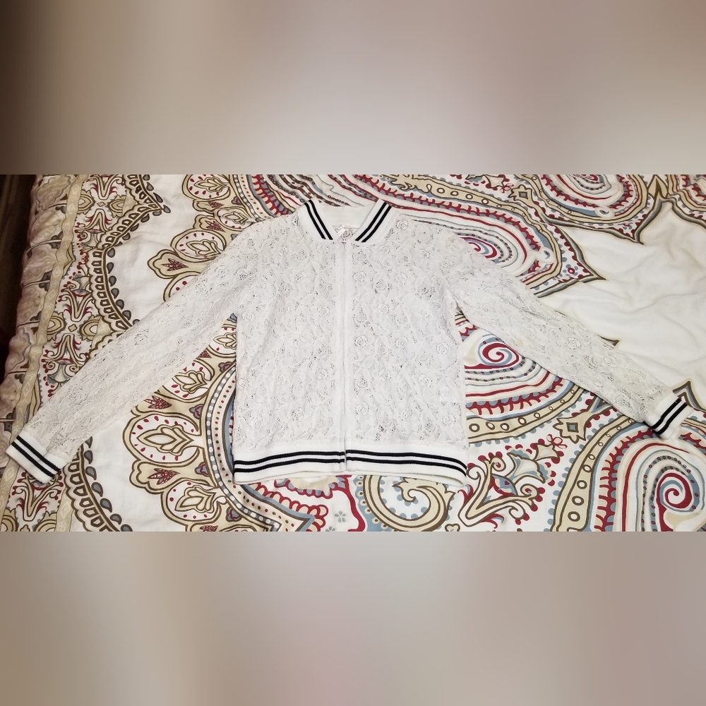 Girl's Jacket 10-12 Medium Cream Lace Bomber Varsity **CLEARANCE**